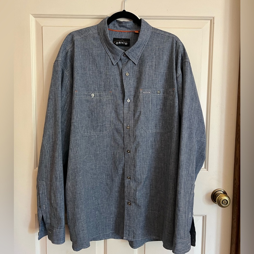 Men's Orvis Jackson Hole Long Sleeve Tech Chambray Work Shirt - Blue Size XXL